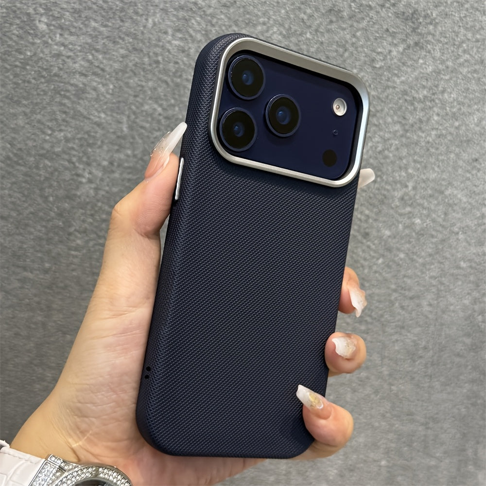Funda Premium Tejida Tipo Cuero con Marco Metálico para iPhone